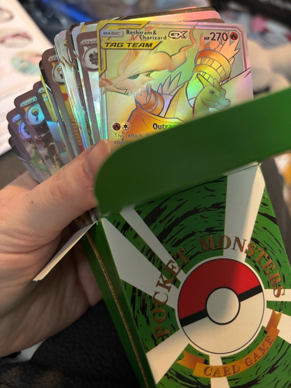 Reshiram & Charizard GX Holo Pokémon TAG TEAM Promo Cards - Green Poké Ball Box